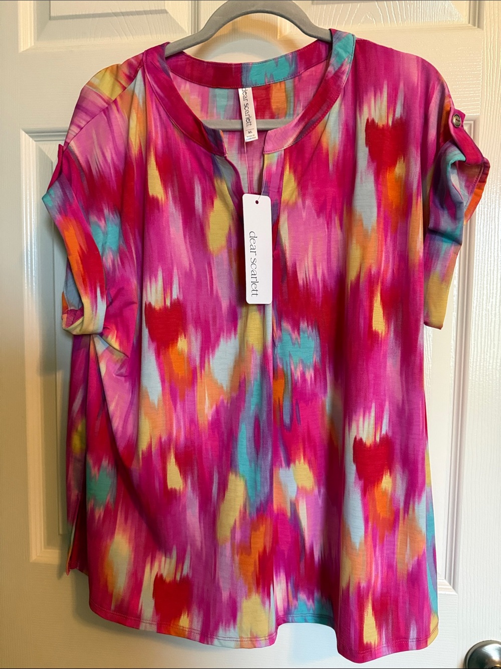 Scarlett Fuchsia Pink Multi-Color Short Sleeve Notch Neck Top